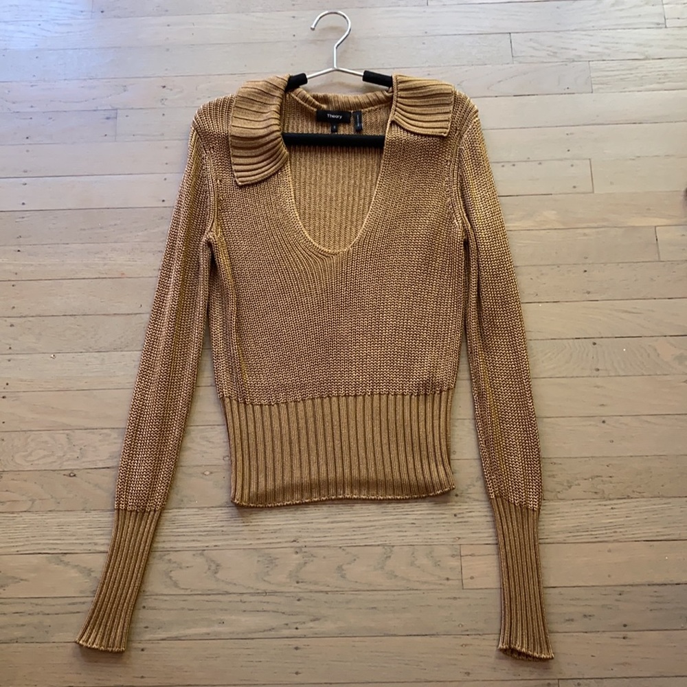 THEORY Ribbed Draped Collar Plunge V Neck Toffee